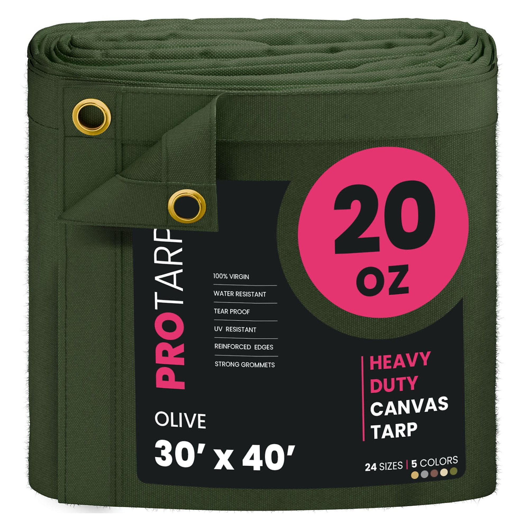 Protarp Extreme Heavy-Duty Canvas Tarp — 30ft. x 40ft., 20 Oz., Water-Resistant, UV-Resistant, Rustproof Brass Grommets, Olive, Model# PT-403-30X40